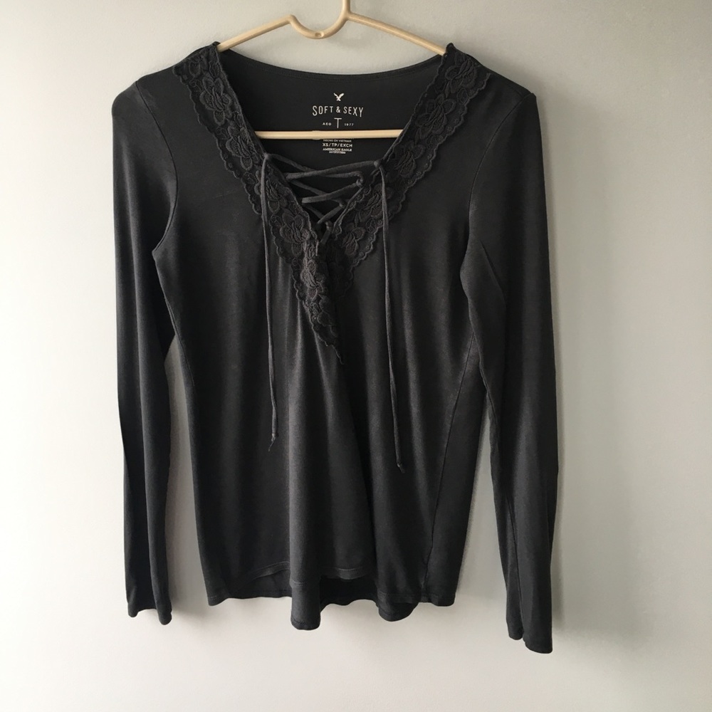 American Eagle Soft & Sexy Long Sleeve Lace up Tee